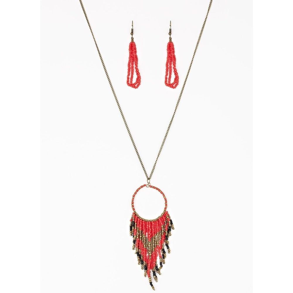 Paparazzi Badlands Beauty Red Seed Bead Necklace with matching Earrings. NEW